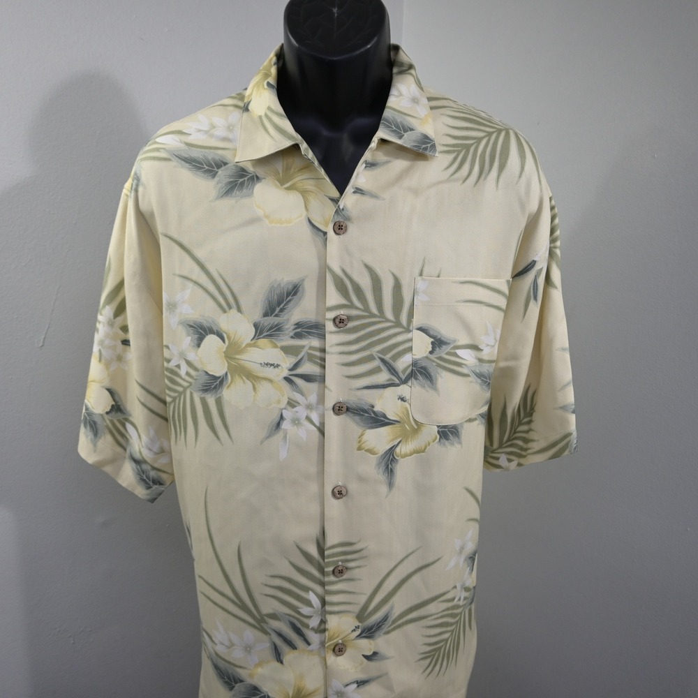 Tommy Bahama Floral Hawaiian Shirt Mens XL Yellow Tropical Silk Short Sleeve